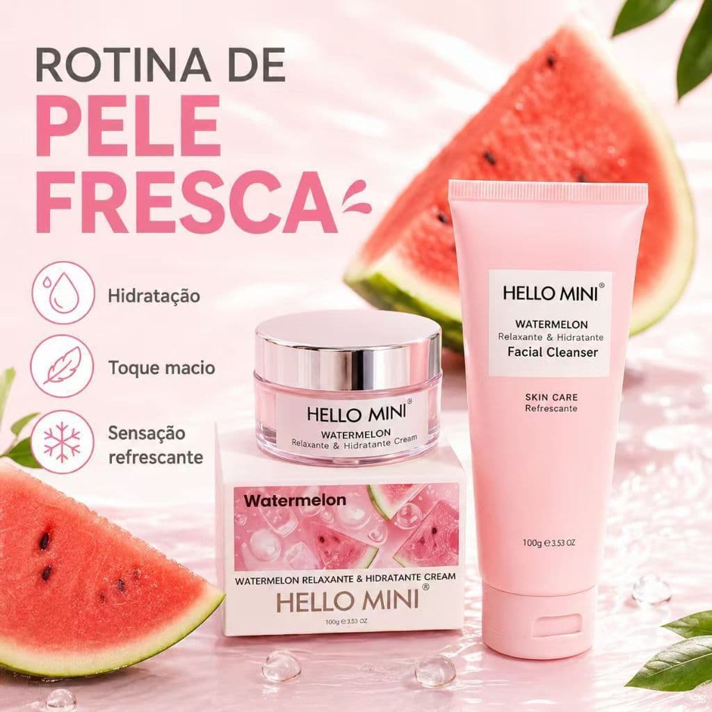 Kit Facial HELLO MINI 2 Peças, Vitamina C ou Watermelon, Sabonete Facial + Creme Hidratanteleite de limpeza.leite de lim