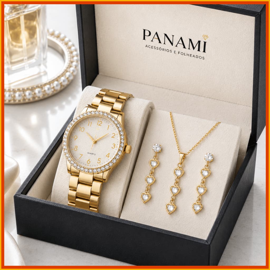 kit relógio feminino, relógio feminino dourado, colar e brinco, conjunto feminino, kit presente feminino, coração, zircô
