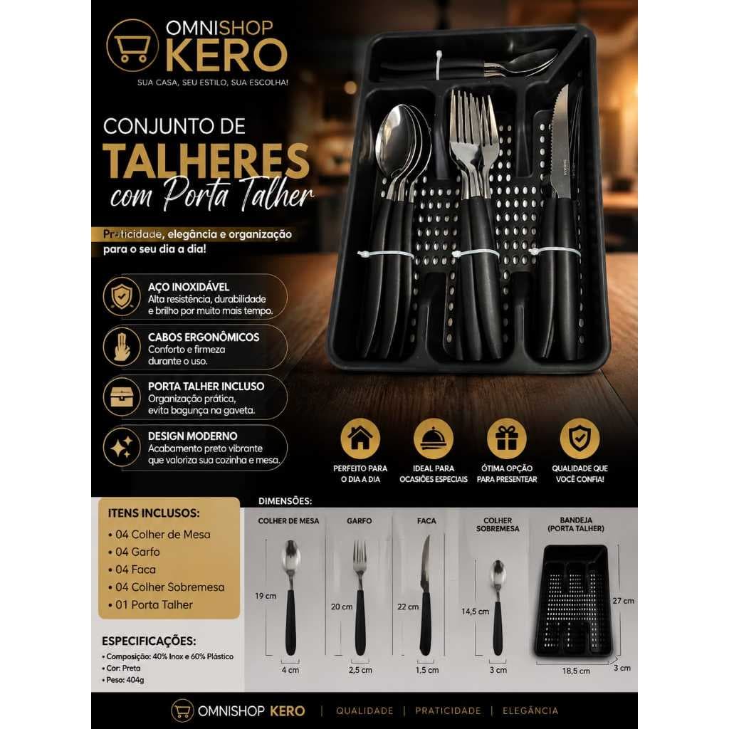 Faqueiro 17 Peças Preto com Porta Talher| Jogo de Talheres Inox| Conjunto de colheres Facas e Garfos Organizador de Talh