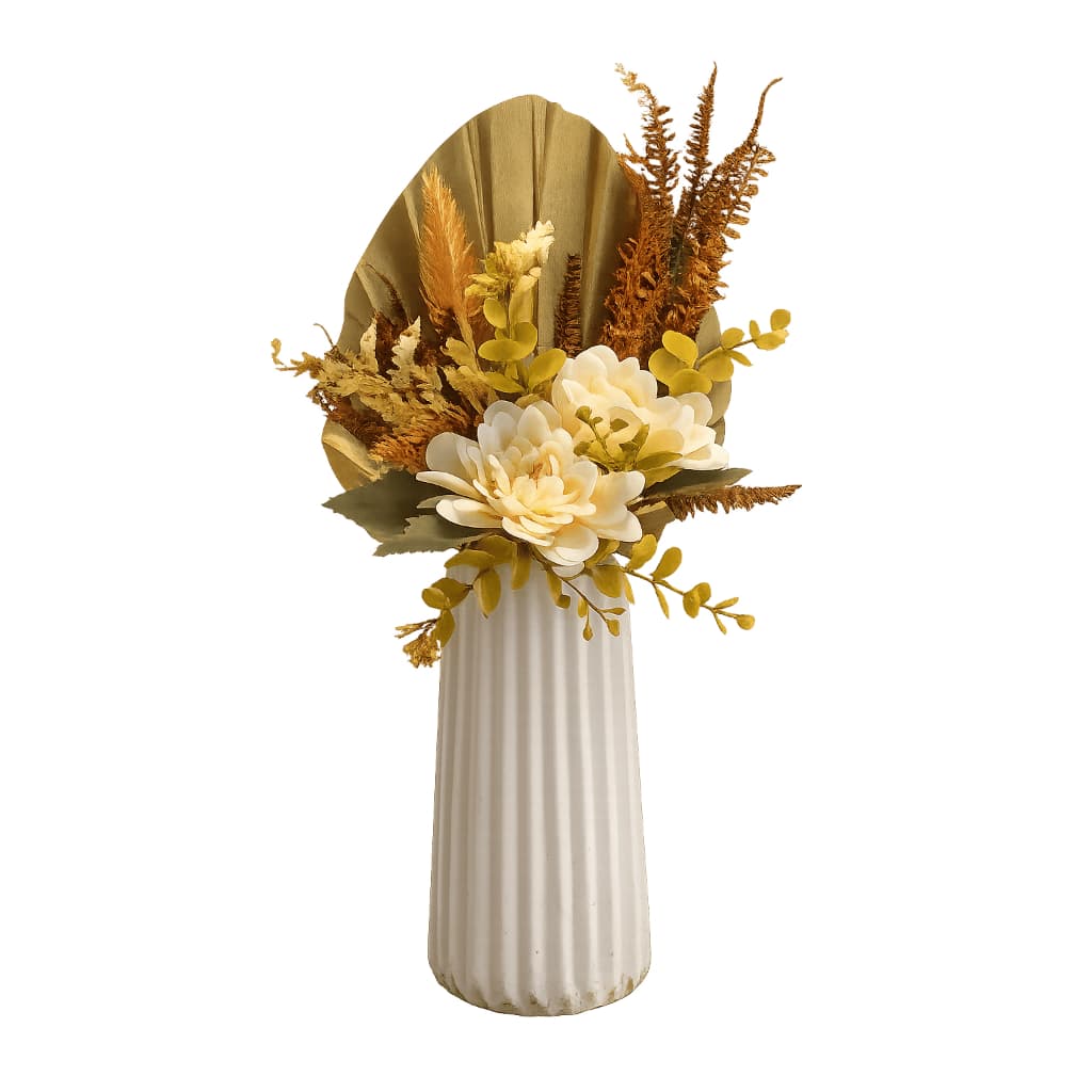 Arranjo de Flores Artificiais em Vaso Canelado Branco com Leque Dourado | Decoração Sofisticada