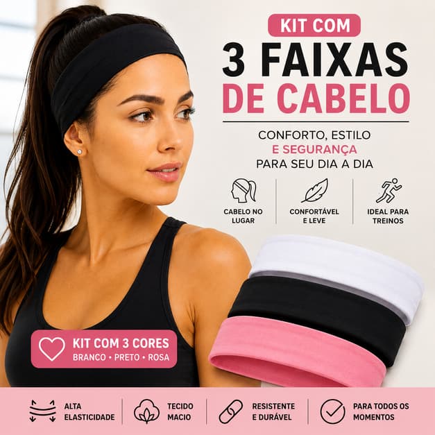 Kit 3 Faixa de Cabelo Esportiva Feminina Headband Para Penteados