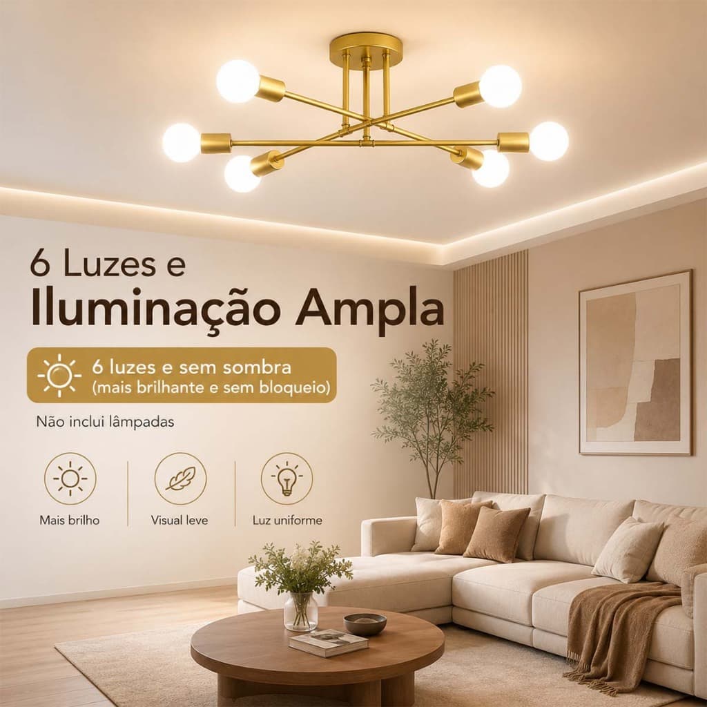 Modern Chandelier Semi-Built-in Ceiling Lamp Nordic Antique Gold Lighting Home Decorative（Bulb not included）