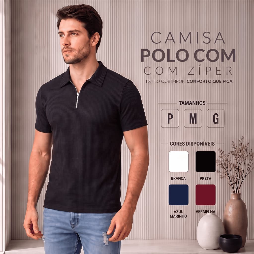 Camiseta Polo Com Ziper Manga Curta Masculina Camisa Básica Malha Canelada