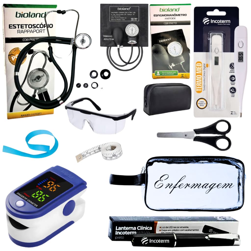 Kit Enfermagem Aparelho de Pressão + Estetoscópio Completo + Oxímetro + Lanterna +  Nécessaire