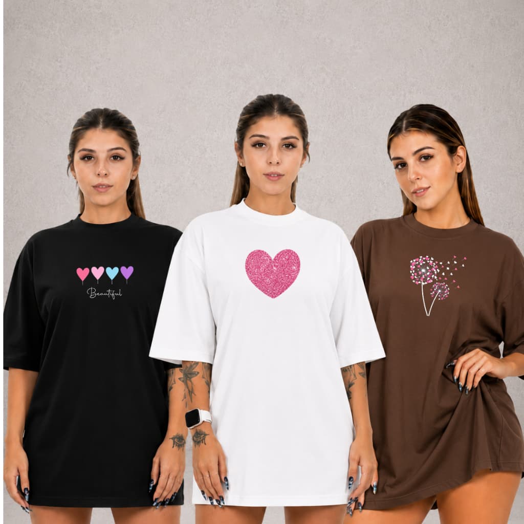 Kit 3 Camisetas Feminina Plus Estanpa Dente De Leão  T- Shirt 100% algodão Premium Conforto Moda