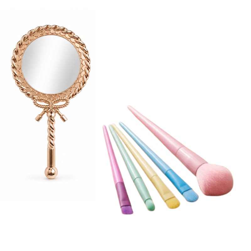 Kit Espelho De Mão Laço Princesa + Kit Pincéis Maquiagem