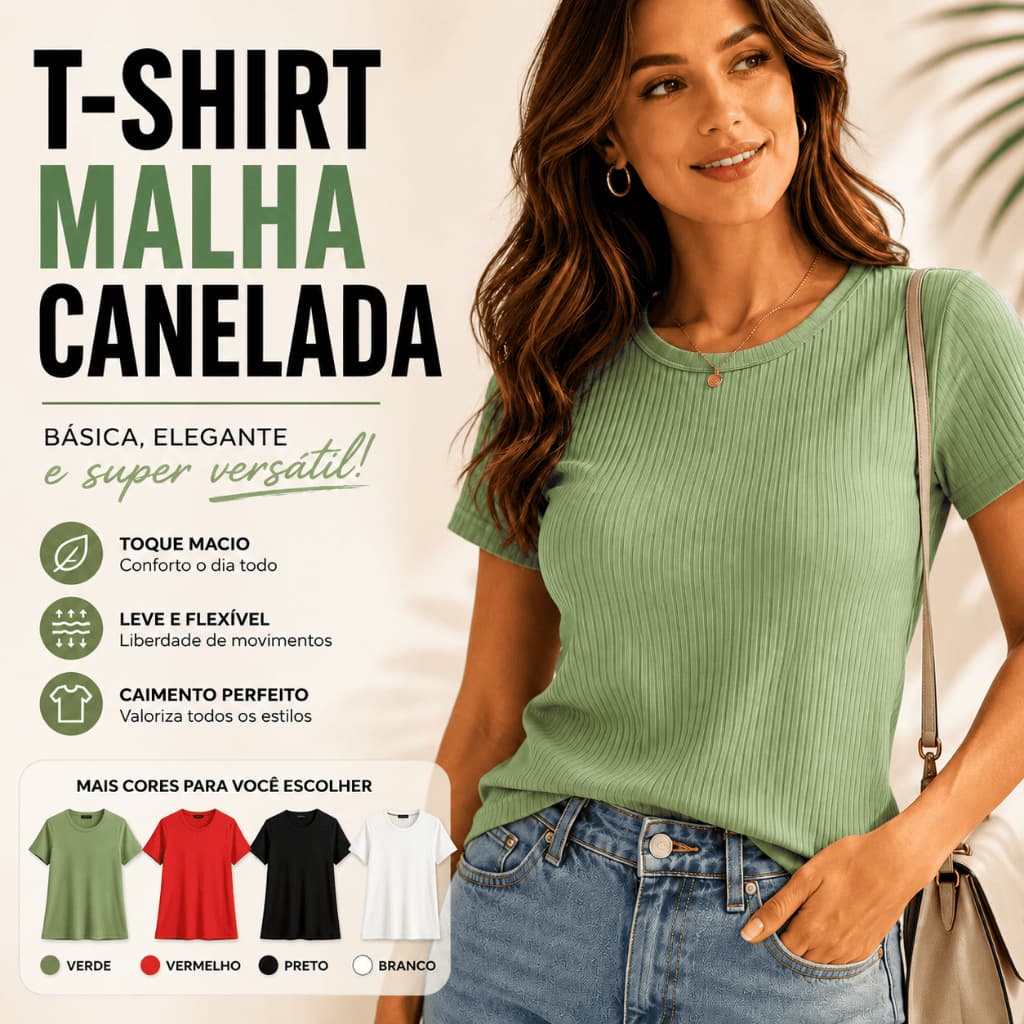 BLUSA T-SHIRT MALHA CANELADA DECOTE U FEMININA MANGA CURTA VERÃO ACABAMENTO E QUALIDADE PREMIUM