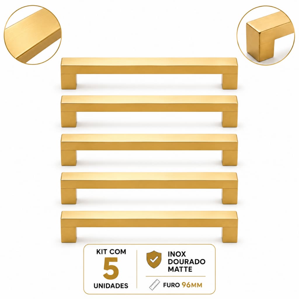 Kit 5 Puxadores Rezzo Il811 Inox Dourado Matte 96mm Para Moveis Cozinha Armario Gaveta Porta