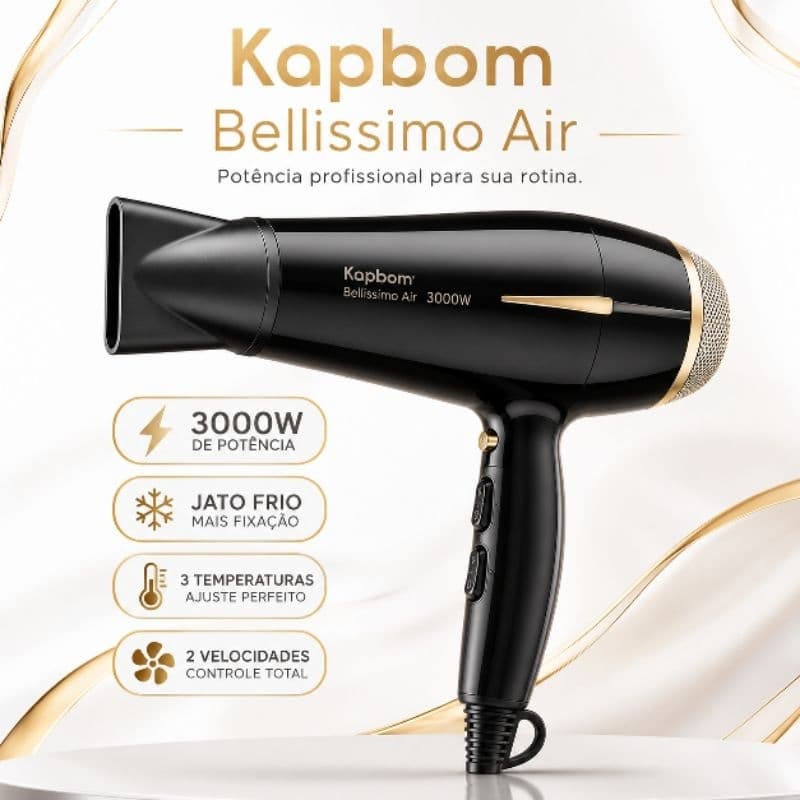 Secador de Cabelo Profissional 3000W Kapbom Bellissimo Air 110V Alta Potência Jato Frio 2 Velocidades 3 Temperaturas