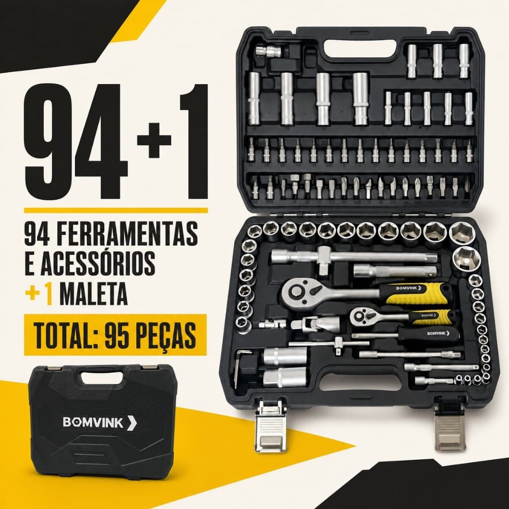 Kit de Chaves e Soquetes 95 Peças em Aço Cromo-Vanádio com Catraca e Maleta BOM-3912 BOMVINK
