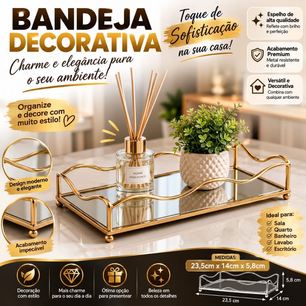 Bandeja Decorativa Espelhada Dourada Luxo Premium Porta Perfumes Lavabo Decoração 23x14x5,8cm
