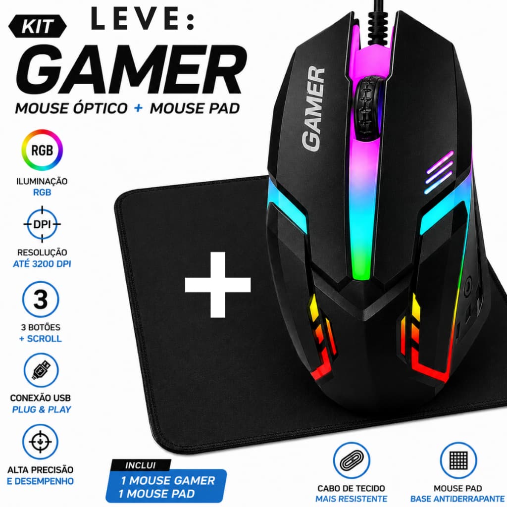 KIT COMPLETO MOUSE GAMER E MOUSE PAD MOUSE COM FIO USB LED COLORIDO RGB 3 FUNÇOES MOUSE PAD COLORIDO