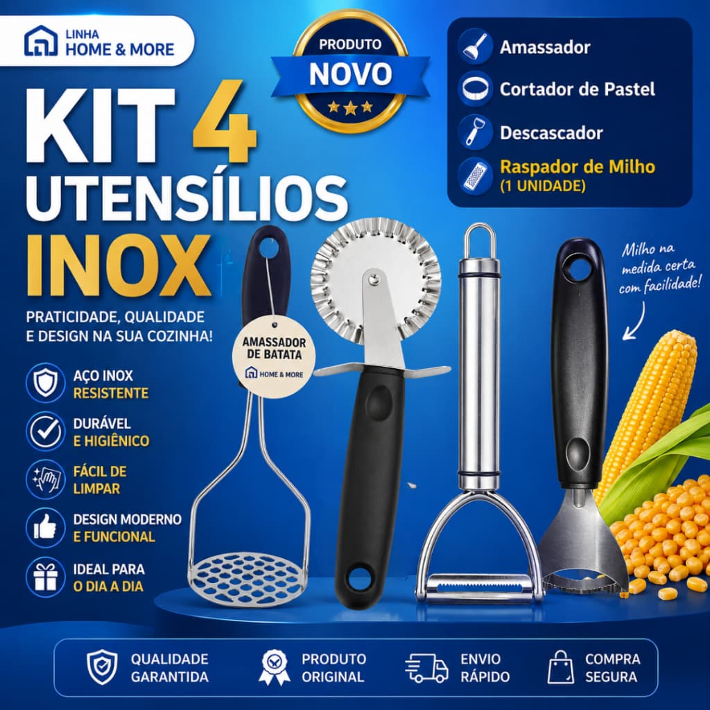 1 Amassador Batata+ 1 Cortador Pastel + 1 Descascador Legumes+ Raspador de milho