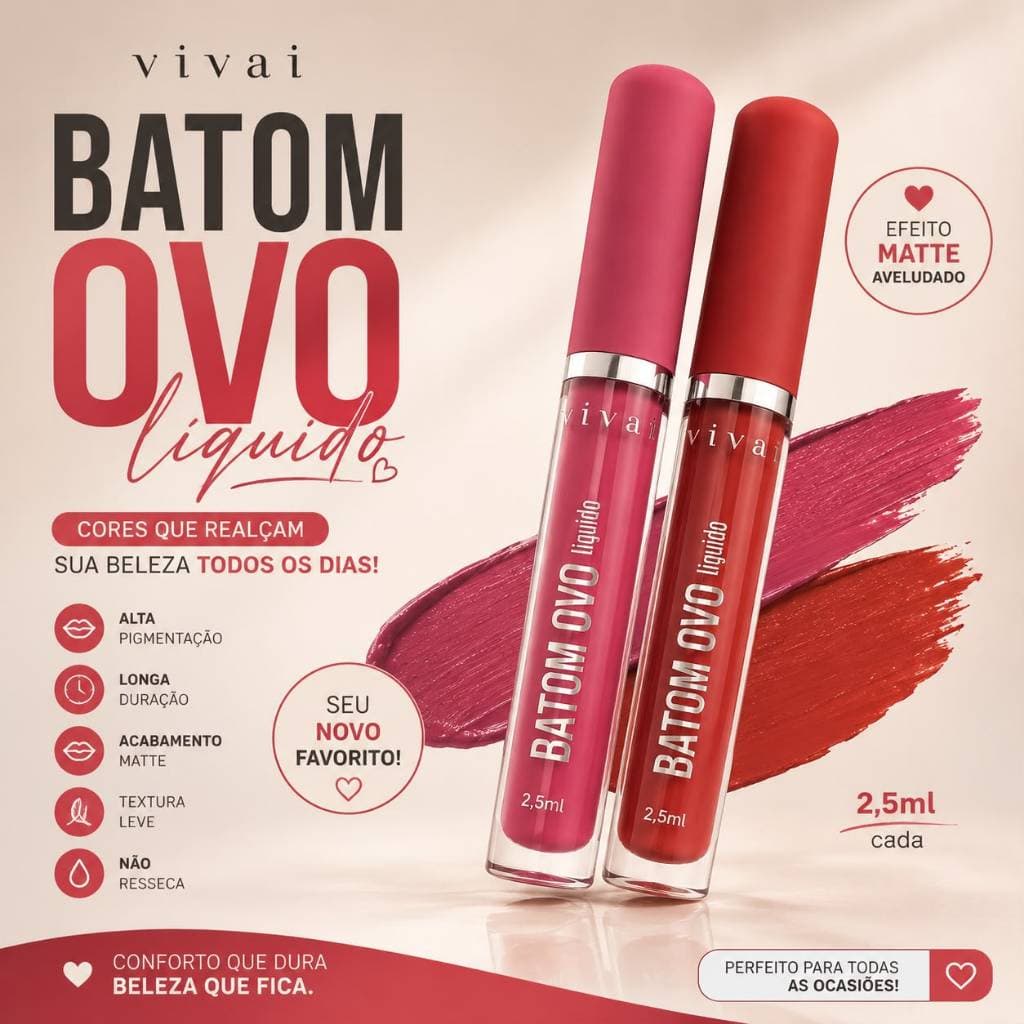 Kit 2 Batom Matte Vivai Original Longa Duração Não Transfere Alta Pigmentação À Prova D'Água 12 cores