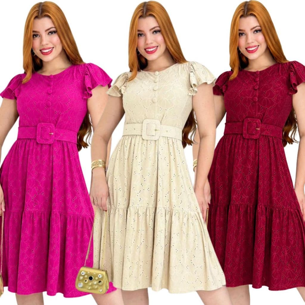 Vestido Feminino Rodado Mangas Flare  Laise Com Cinto Casual Elegante