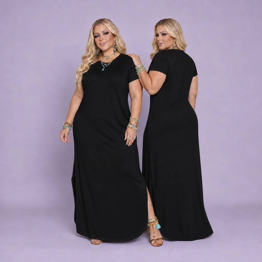 Vestido Elegantes Femininos Plus Size Curve Longo Viscolycra Fendas Moda Cristã Modesta Feminino Verão Confortavel 2795