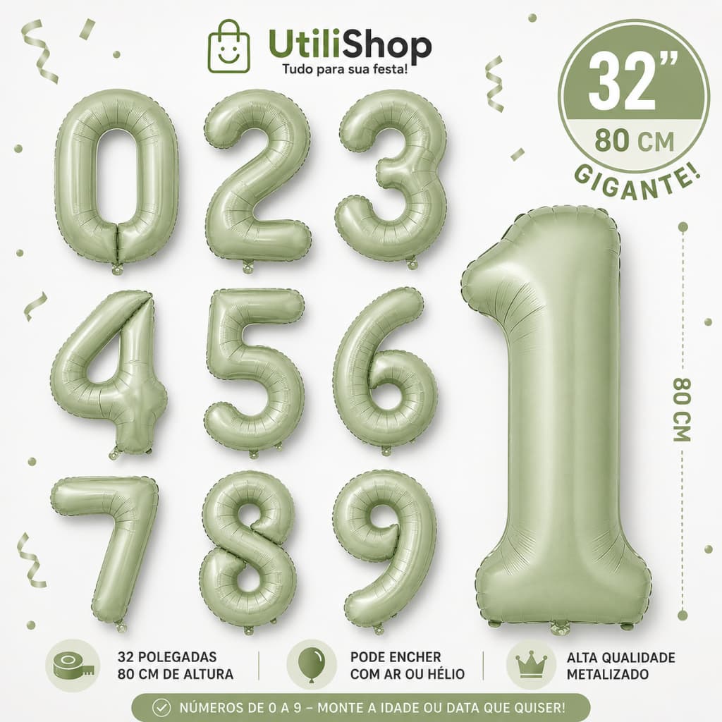 Kit 2 Balão 32Pol Metalizado Número 80CM Balões Grande Bexiga Para Aniversário Festas Verde Oliva Fosco