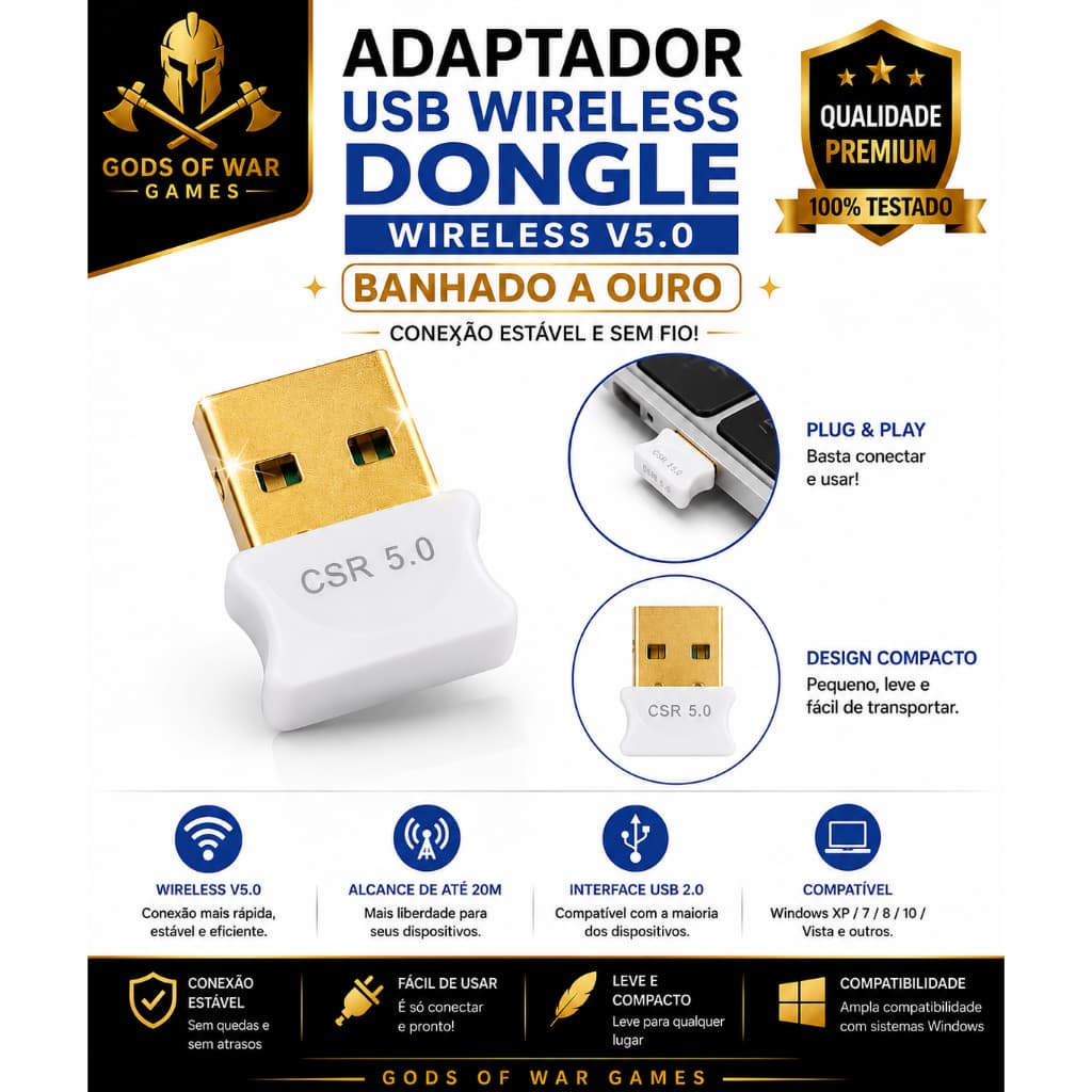 🔵 Adaptador USB Bluetooth 5.0 CSR – Banhado a Ouro | Alta Qualidade