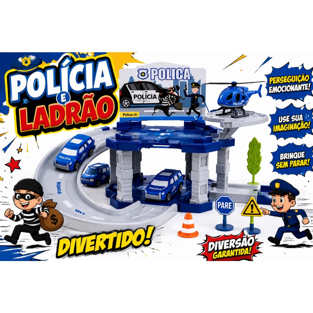 Brinquedo Pista policia e ladrão Estação infantil 16 peças crianças