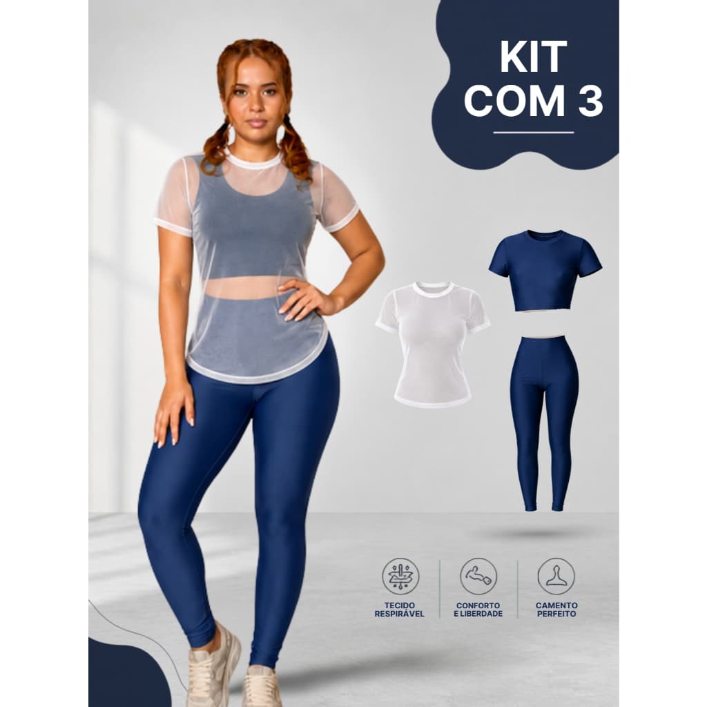 Kit Fitness Feminino 3 Pecas Legging Suplex Cintura Alta Modeladora Cropped E Blusa Tule Treino