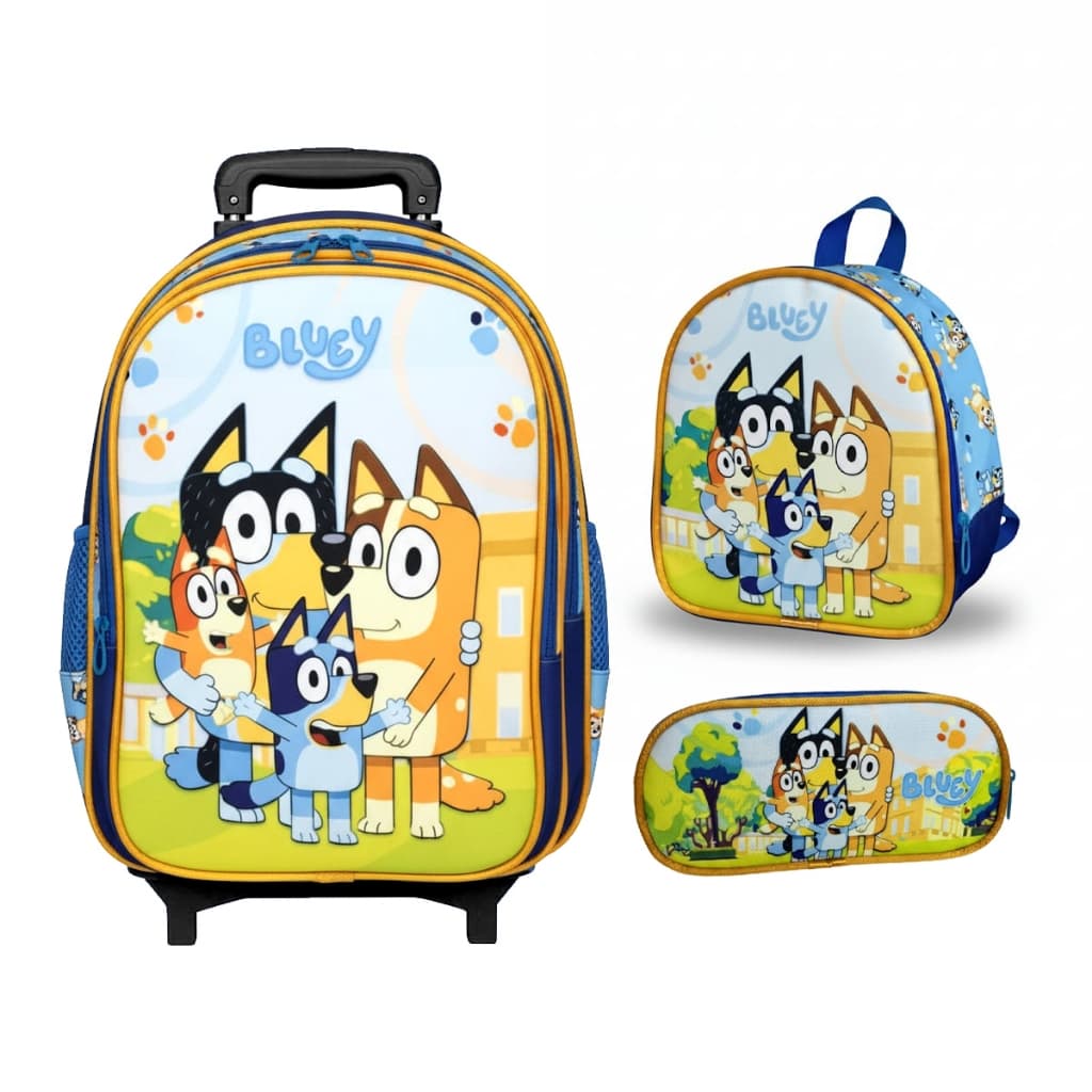 Kit Mochila Escolar Rodinha Estojo Lancheira Bluey E Bingo