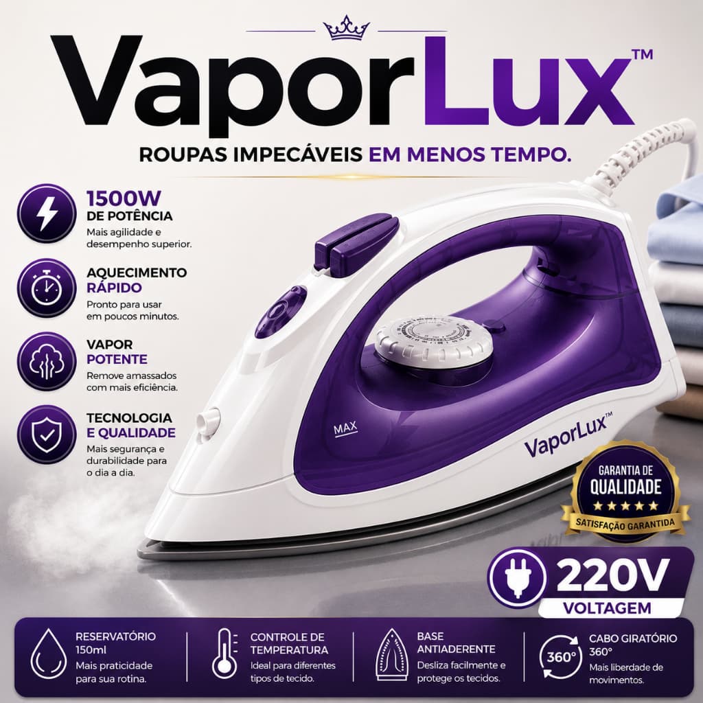 VaporLux™ Ferro de Passar a Vapor 1500W 220V Base Antiaderente Aquecimento Rápido Vapor para Roupas