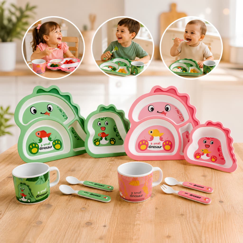 Kit Refeição Infantil Bebê Bambu 5 Peças Prato Copo Colher Rabbit Rosa verde