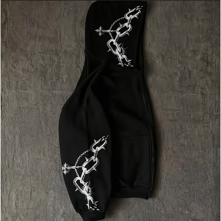 Jaqueta Moletom Com Zíper Estampa Corrente Dark Grunge Y2K Flanelado Estilo Urbano