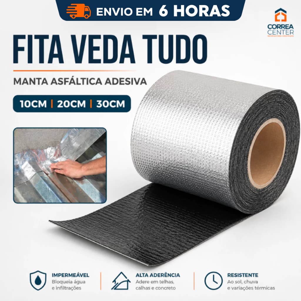 Fita Asfáltica Impermeável Asfaltica Manta Adesiva Veda Tudo Rufo Calha Telhado Laje 10cm 20cm 30cm