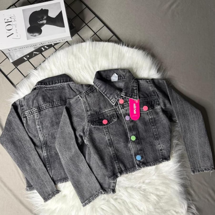 Jaqueta Jeans Infantil Juvenil Preta Marmorizada Menina 2 a 16 Anos