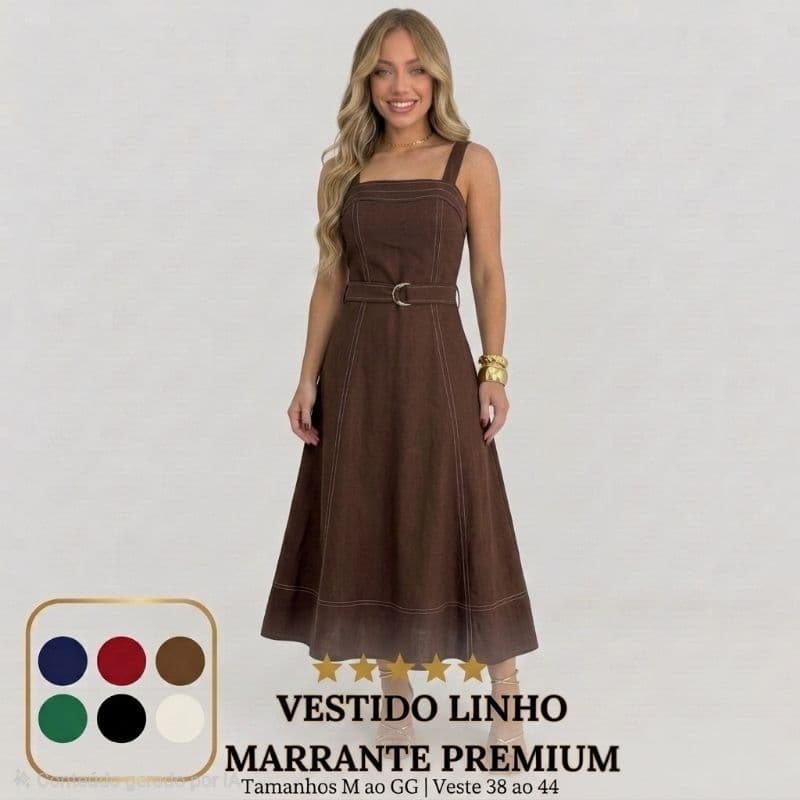 Vestido Midi Longo Linho Marrante Premium Com Bojo Cinto Lastex Costas Moda Evangélica Elegante Casual M G GG
