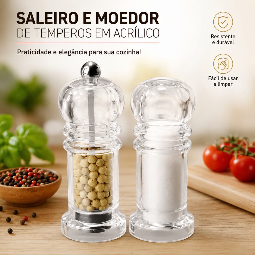 Kit Saleiro e Moedor de Temperos em Acrílico 2 Peças Moedor de Pimenta Saleiro Transparente para Cozinha Elegante