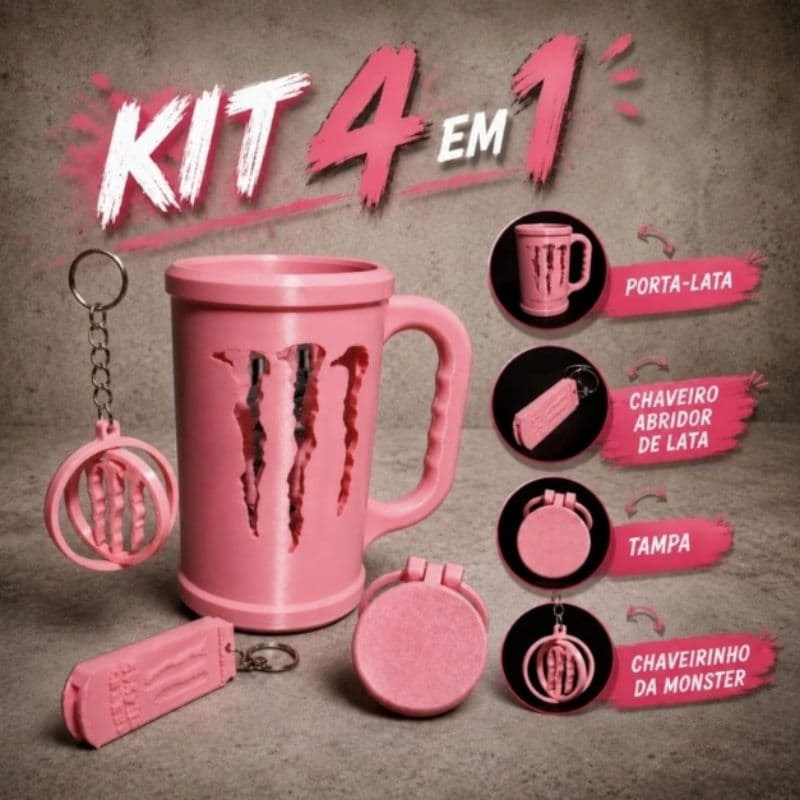 ✨️KIT 4 EM 1 DA MONSTER  PORTA GARRAFA + CHAVEIRO ABRIDOR DE LATA + TAMPA E CHAVEIRINHO DA MONSTER✨️