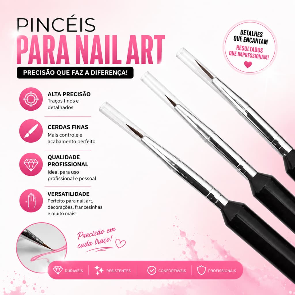 Kit 3 Pinceis Ponta Fina K&S Decoração Das Unhas Gel Fibra Acrigel Nail Manicure