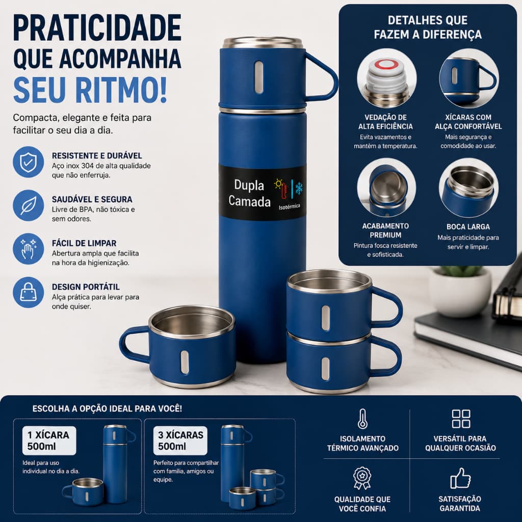 caneca Kit Garrafa Térmica Vacuum Bottle Inox 500ml + 1 ou 3 Xícaras Bebidas Fria ou Quente
