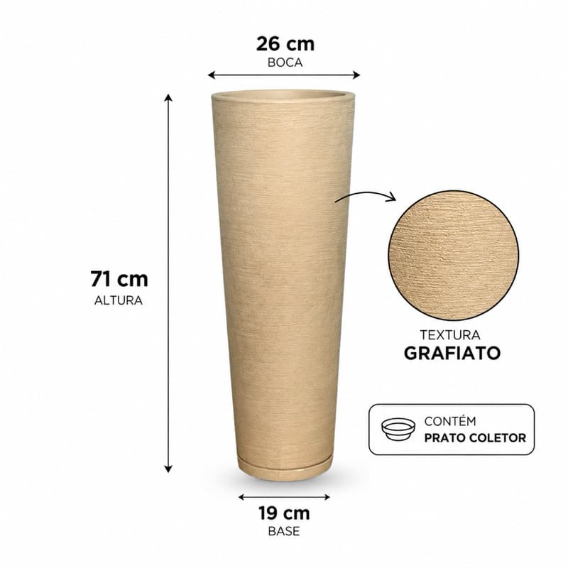 Vaso Grande Alto 71cm Polietileno Planta Sala Jardim Decorativo Ibiza Com Prato Coletor