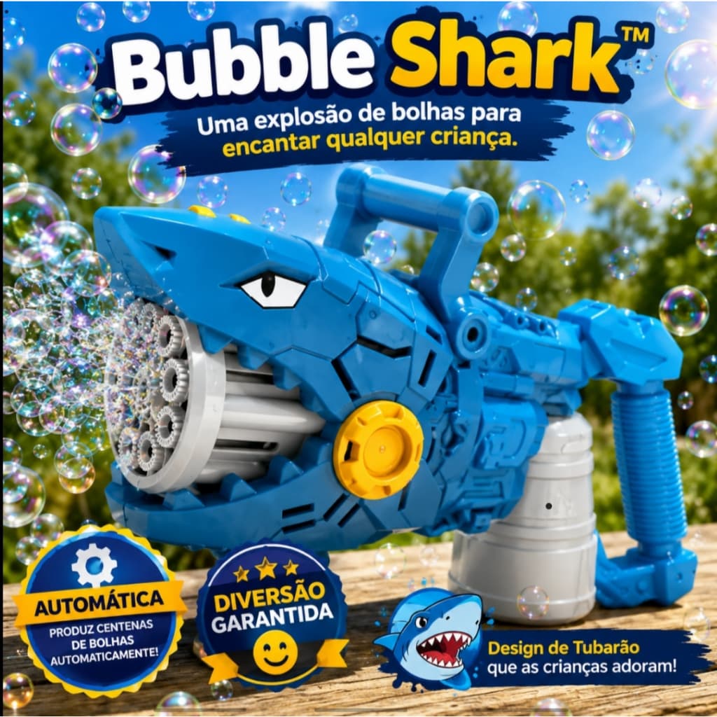Pistola de Bolhas Automática Infantil Tubarão Lança Bolhas com Solução Inclusa Brinquedo para Festa e Diversão