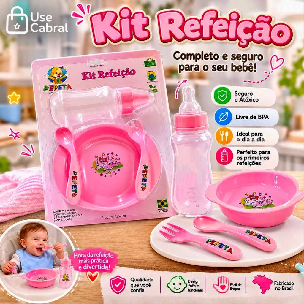 Kit Refeição Bebê Pepeta | Prato + Colher + Garfo + Mamadeira | Rosa e Azul