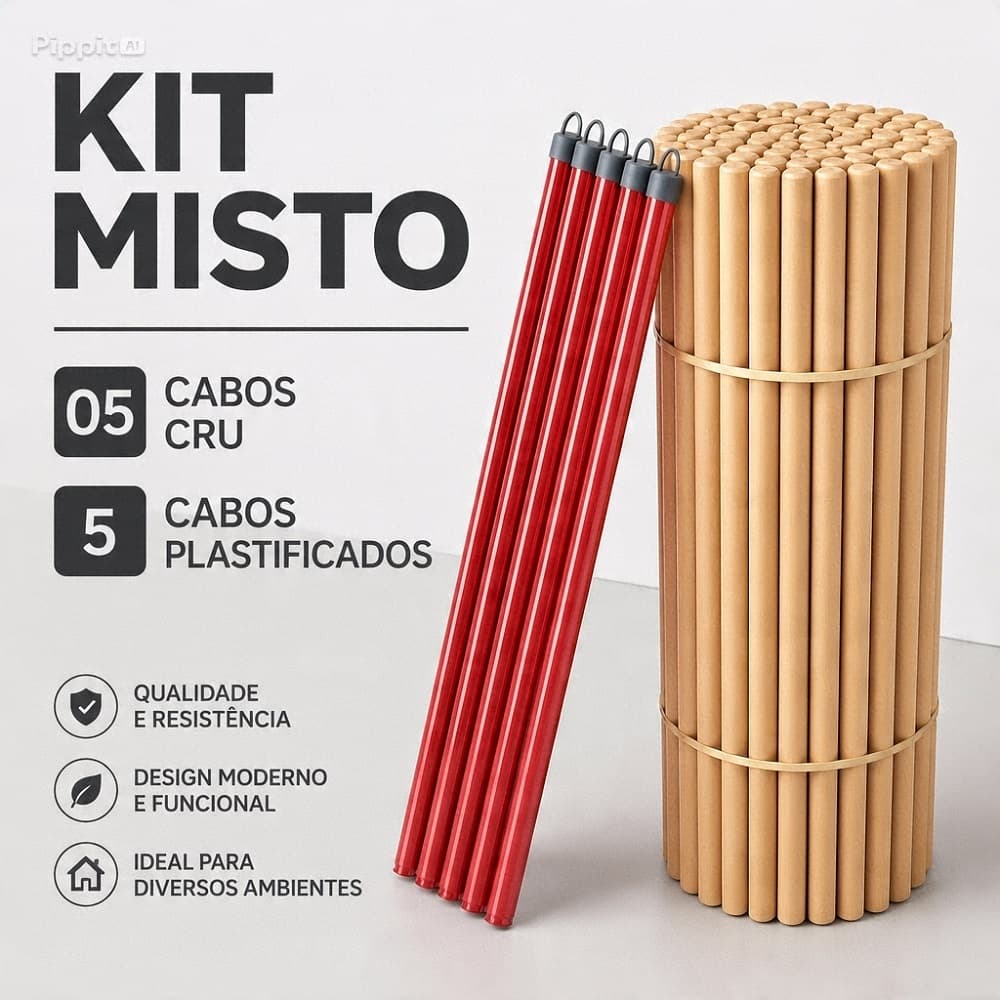 Kit Misto 5 Cabos Vassoura Rodo Revestidos e 5 Cabos de Madeira Crua