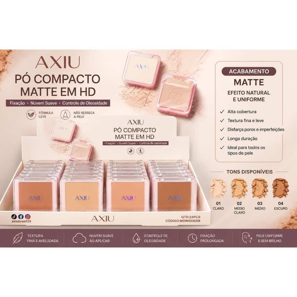 Pó Compacto Matte HD AXIU Facial Controle Oleosidade Acabamento Natural