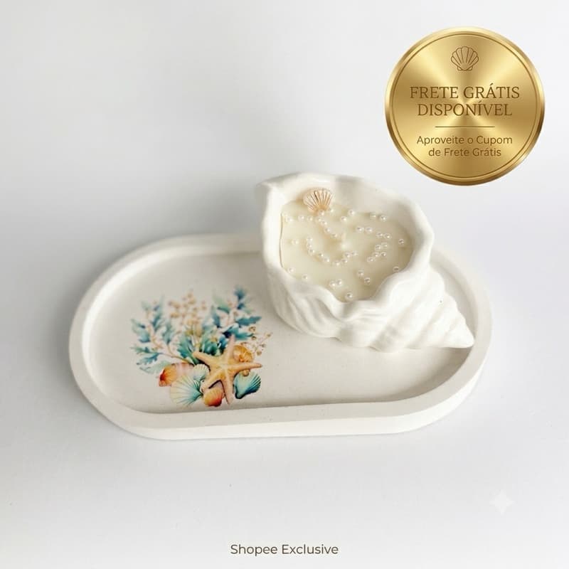 Kit Presente  Vela Aromática Cera de Coco 40G Lavanda  + Bandeja Oval + Concha