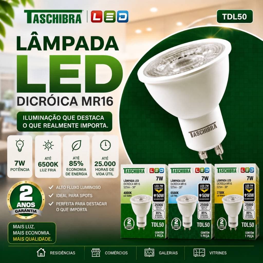 KIT 10 LAMPADAS LED DICROICA TASCHIBRA MR16 GU10 TDL50 7W AUTOVOLT
