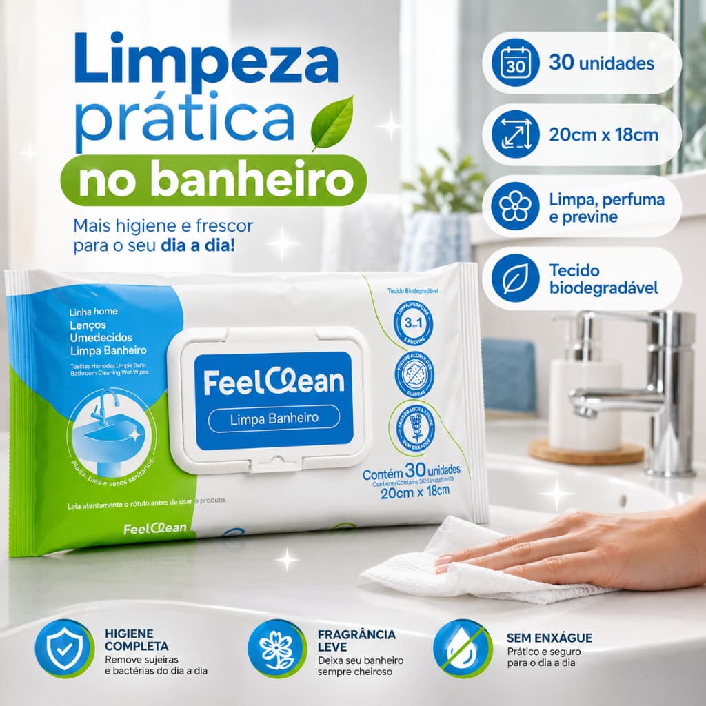 Lenço Umedecido Limpa Banheiro FeelClean 30un 20x18cm | Limpeza Rápida para Pia Vaso Bancada e Cozinha