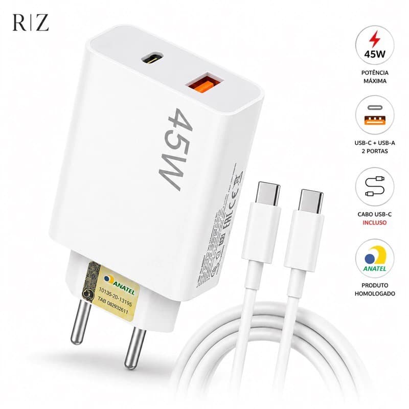 Carregador 45W Turbo USB-C Original Samsung com Cabo Tipo C Carga Rápida Galaxy A03s A11 A12 A13 A14 A15 S10e S20 S21
