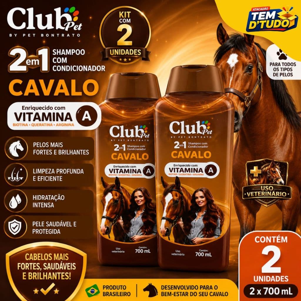 Kit 2 Shampoo de Cavalos 2x1 Club Pet Vitamina A Biotina Queratina Arginina Condicnador Horse