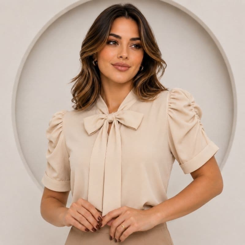 Blusa Feminina Plus Size em Tecido Duna com Laço no Pescoço Manga Bufante Elegante