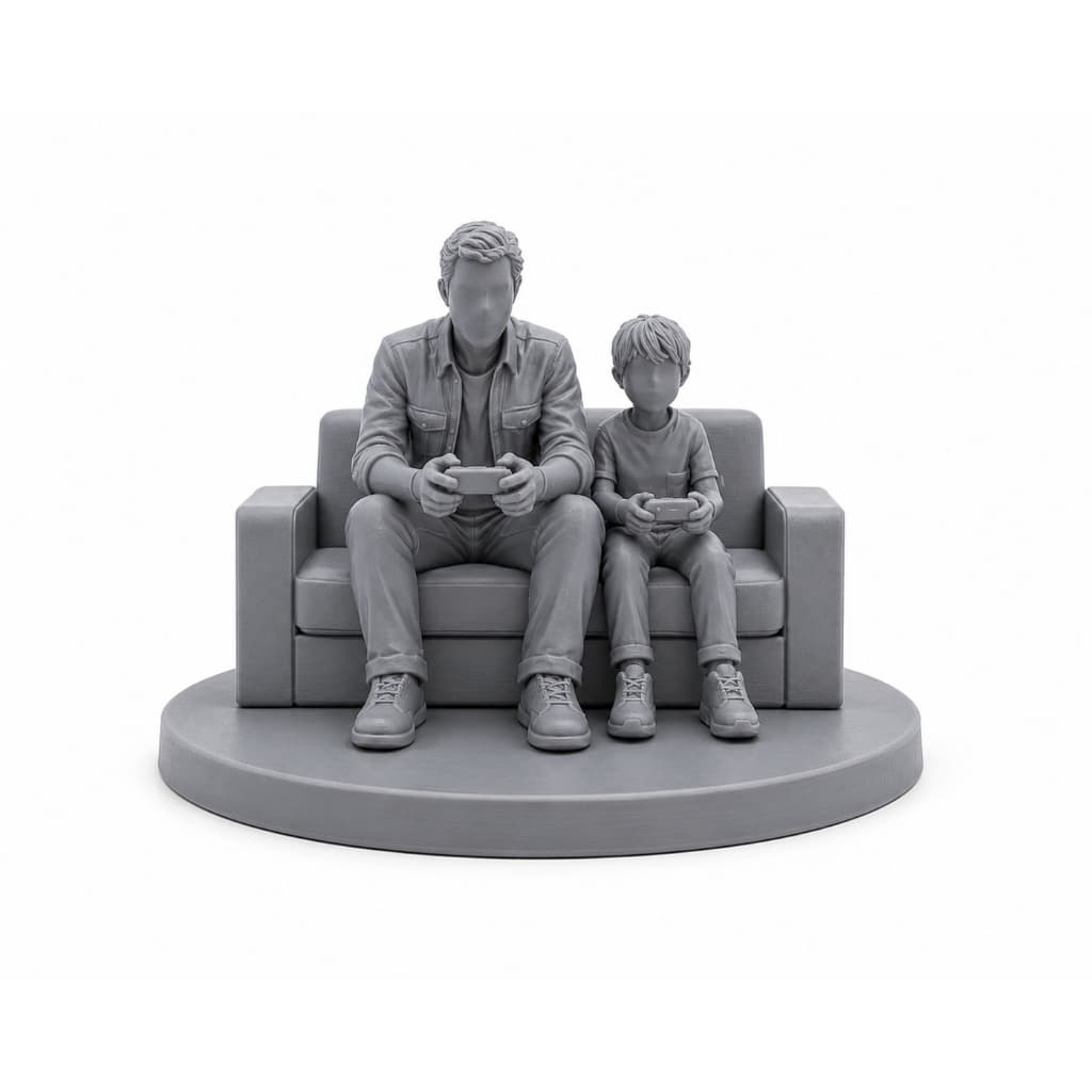 Escultura Pai e Filho Jogando Videogame 3D | Presente Dia dos Pais | Enfeite Decorativo Gamer