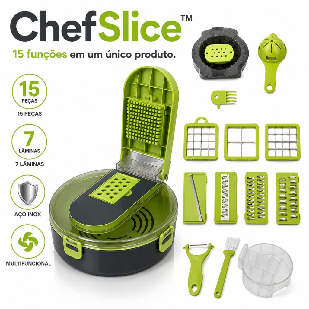 ChefSlice™ Cortador de Legumes 15 Peças Multifuncional com 7 Lâminas em Aço Inox