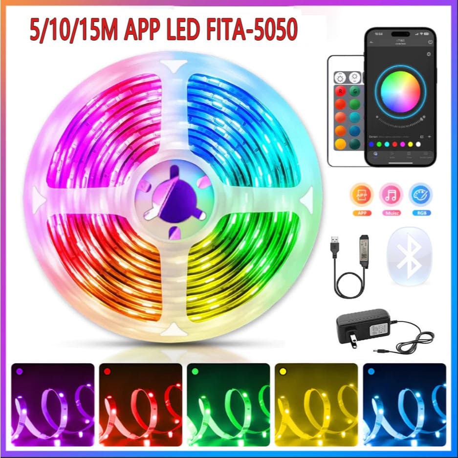 Fita LED RGB 5/10/15M APP + Controle Remoto Para TV/Sala/PC Com Sincronia Musical