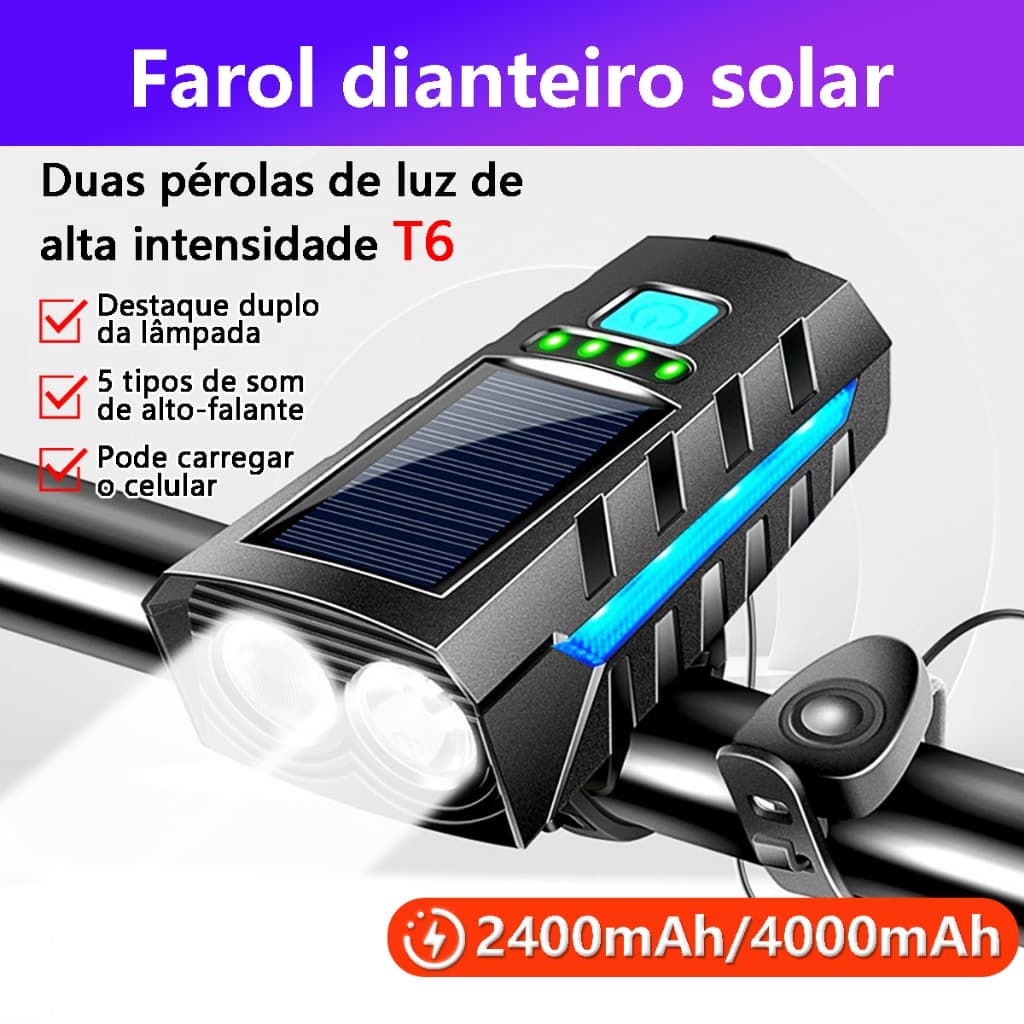 Kit Lanterna Bike Solar Com Buzina E Power Bank 12 Horas Recarregável À Prova D'Água Farol Bicicleta